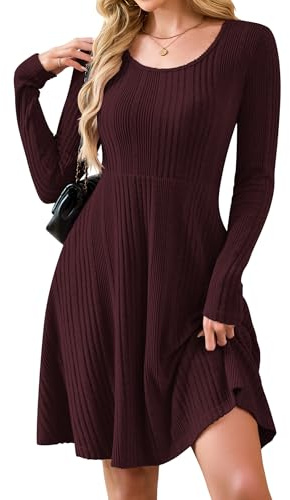 AUSELILY Langarm Strickkleid Damen Rundhalsausschnitt Pullover Kleid Gestrickt Herbstkleid Damen mit Taschen Weinrot M