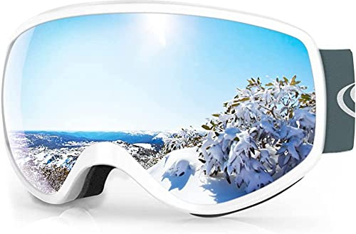 Findway Skibrille Kinder, Snowboardbrille Helmkompatible Schneebrille Verspiegelt 100% UV-Schutz Anti-Nebel Kinder Skibrille für Jungen Mädchen 3-12 Jahre,A Silber/Weiß
