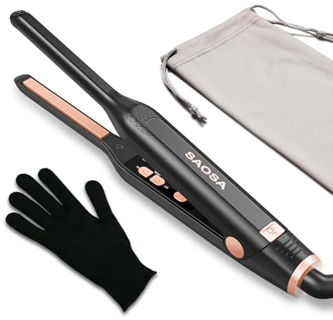 SAOSA Mini Glätteisen für kurze Haare, 0,8 cm Mini Haarglätter mit 9 Temperaturstufen (90°C-220°C), Doppelte Spannung, für Pixie-Cut, Pony, Kanten, Locken, inkl. Hitzetasche & Handschuh