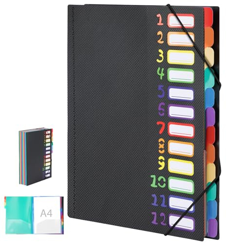 Euqvunn 12-Fach Dokumentenmappe A4, 180° Lay-Flat Open Mappe mit Fächern, Ordnungsmappe mit Gummiband, Schwarz A4 Sortiermappe mit Regenbogen-Etiketten, Ideal für Büro und Schule
