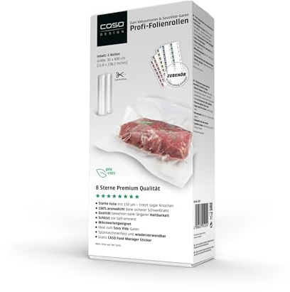 CASO 8 Sterne Profi- Folienrollen 30x600 cm / 2 Rollen, Vakuumierbeutel für alle Vakuumierer, sehr stark & reißfest ca. 150µm, Vakuumbeutel Lebensmittel Vakuumiergerät, Sous Vide, BPA-frei