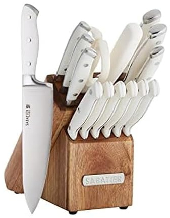 Sabatier 15-teiliges geschmiedetes Dreifachnietmesser-Set, Küchenmesser aus Edelstahl, rasiermesserscharfes Messerset mit Akazienholzblock, weiße Griffe