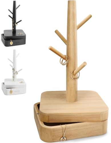 smøla Schmuckbaum aus Holz - 4 Ebenen mit Aufbewahrungsbox - Schmuck Organizer, Schmuckständer für Ketten, Ohrringe, Ringe - Deko Schmuck Aufbewahrung