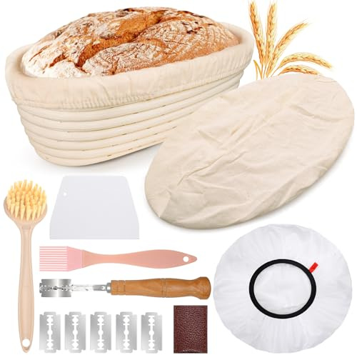 Mispudin Gärkörbchen oval 28 cm für 700 g Teig, Brot Gärkorb Rattan Set | Mit Leinentuch, Gärfolie, Bäckermesser, Teigschaber und Bürste, für Sauerteigbrot, längliche Brote, Starter, Backzubehör