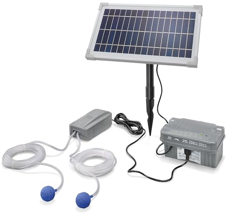 esotec Solar-Teichbelüfter Sauerstoffpumpe Akku Gartenteich 8/200 101846 | Belüfterpumpe 6-9V/DC, Förderleistung 2x100l/h, 2 Luftsprudler, 8Wp Modul, 3,2Ah Pb-Akku wechselbar, 2x2m Schlauch, Timer