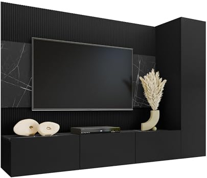Mirjan24 Wohnwand Deromi VI, 3-teilig (Schwarz + Schwarz Marmor) | Hängewohnwand mit TV-Paneel, 5 Innenfächern, TV-Lowboard mit 3 Fächern und Push-to-open-Funktion