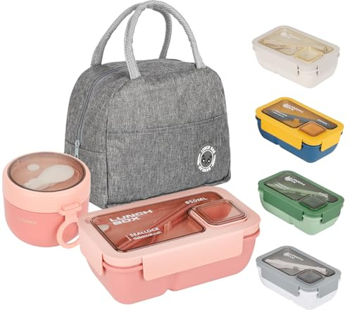 Esilihom Lunchbox Erwachsene, Auslaufsicher Bento Box Set mit Lunch-Tasche, Utensilien, Haferbehälter, für Männer, Frauen, Studenten, Büro, Schule, Lebensmittelaufbewahrung mit Gabel & Löffel, Rosa