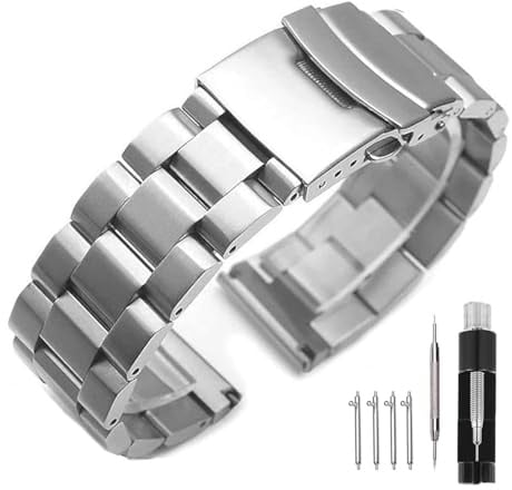 Kai Tian Uhrenarmband aus massivem Edelstahl, gebürstete Schnalle, Faltschließe, Armband für Damen und Herren, 18 mm, 20 mm, 22 mm, 24 mm, Schwarz, Silber