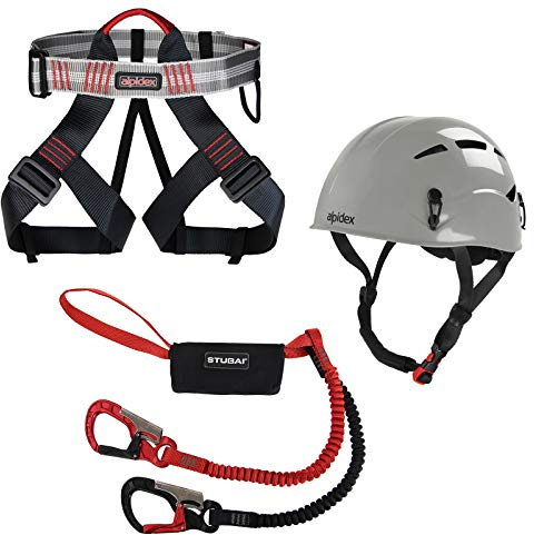 ALPIDEX Kletterhelm Klettergurt + Stubai Klettersteigset BASIC 3.0, Farbe:pebble grey, Größe:Gurt - Universalgröße/red pepper