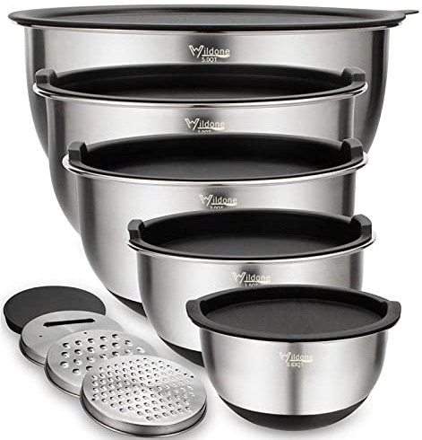 Rührschüsseln 5er-Set, Wildone Edelstahl mit luftdichten Deckeln, 3 Reibenaufsätzen, Messmarken und rutschfesten Böden, Größe 5, 3, 2, 1,5, 0,63 QT, ideal zum Mischen und Servieren