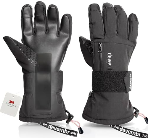 devembr Skihandschuhe mit Handgelenkschützern, Warme Snowboardhandschuhe für Herren und Damen, Schwarz, XS