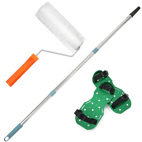 QWORK® Bodenbeschichtung Set, 23cm Entlüftungswalze(Zahnhöhe 20 mm)+Epoxid Spike Schuhe+1.2m Teleskopstange