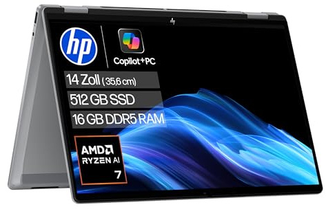 HP OmniBook X Flip 2in1 Next Gen AI Laptop | AMD Ryzen AI 7 350 (8C) | dedizierte NPU für KI | 50 NPU Tops | Copilot+ PC | 14 WUXGA 1920x1200 Touchscreen | 16GB | 512GB SSD | Win11 | QWERTZ | Silber
