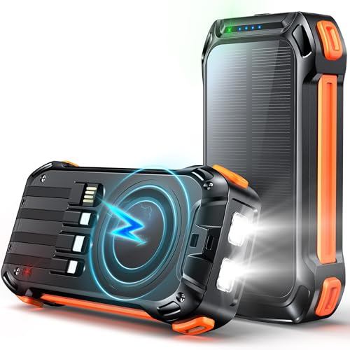 Wireless Power Bank 26800mAh mit 4 Kabeln: 15W USB C Power Bank Schnellladefunktion Externer Akku 7 Ausgänge, tragbares Ladegerät mit SOS Taschenlampe für Handy Tablets Outdoor (Schwarz)