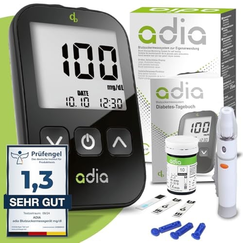 adia Blutzuckermessgerät (mg/dL Standard in DE) mit 10 Blutzuckerteststreifen, 10 Lanzetten, 1 Stechhilfe, 1 Etui - zur Selbstkontrolle des Blutzuckers