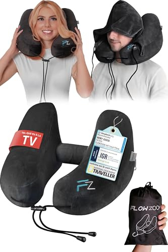 FLOWZOOM Air Nackenkissen Flugzeug in H-Design, Reisekissen für 5 Schlafpositionen, schnell aufblasbar & druckregulierbar, Nackenhörnchen mit Abnehmbarer Kapuze & Plüschbezug - Größe L, Schwarz