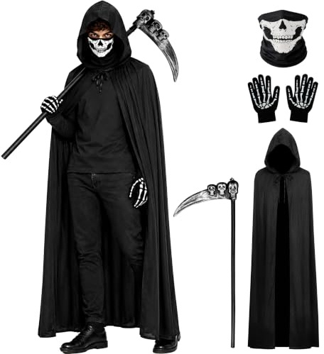 A-SZCXTOP Sensenmann-Kostüm Set, Halloween Kapuzenumhang Cosplay Umhänge | Unisex-Kostüm für Erwachsene | Set mit Maske & Handschuhen & Sense | Mysteriöser Horror | Leicht atmungsaktiv (150 cm)