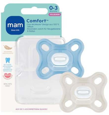 MAM Comfort Schnuller, 0-3 Monate, blau/beige, 2 Stück | Leichtester seiner Kategorie, extra kleines Schilddesign, zahnfreundlicher Sauger, inkl. Sterilisier- & Transportbox