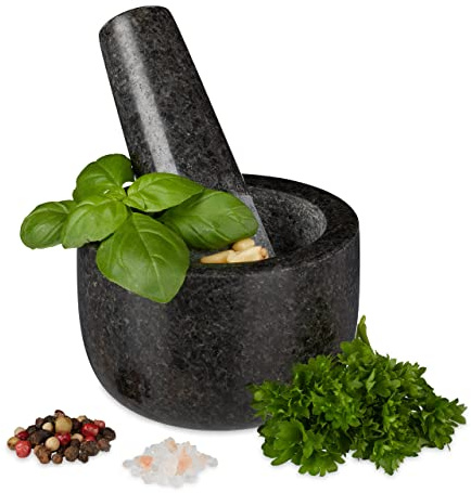 Relaxdays Granit Mörser mit Stößel, robust & langlebig, Gewürze, grau | Kräuter, polierter Steinmörser, Ø 8,5 cm, V 100ml