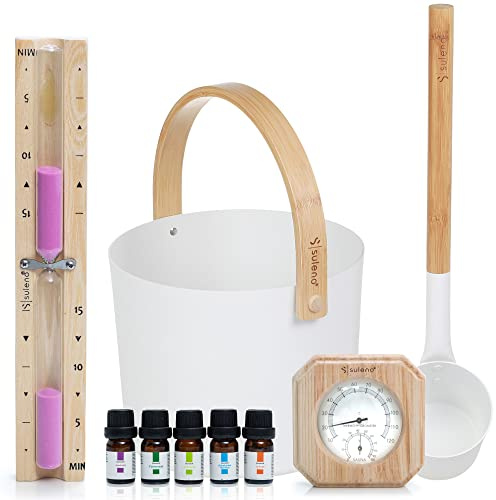 SULENO Sauna Set KJELL 2, 9-teilig, Saunakübel, Saunakelle, Weiß | Klimamesser 2in1, Sanduhr, Saunadüfte, Saunazubehör
