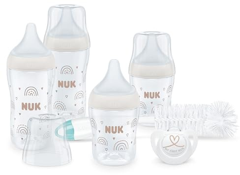 NUK Perfect Match Perfect Start Babyflaschenset | Ab 0 Monate | Passt sich dem Baby an | 4 Anti-Colic-Babyflaschen, Schnuller, Flaschenbürste und mehr | BPA-frei | 7 Stück