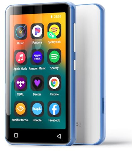 MP3-Player mit Bluetooth und WLAN, 4-Voll-Touchscreen MP4 MP3-Player mit Spotify, Android-Streaming-Musikplayer, tragbarer HiFi-Sound Digital-Audio-Player mit Lautsprecher Blau-Weiß