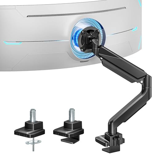 ARES WING Monitor Halterung für 17-49 Flach Curved Bildschirm, Höhenverstellbar Bildschirmhalterung, Einzel Monitor Arm Tragfähigkeit Max 18 kg, 75/100mm Vesa-Halterung, Tischhalterung Schwarz