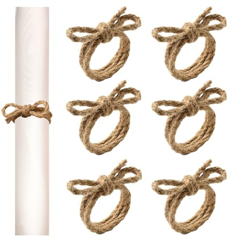 KASESSS 6 StüCk Schleife Serviettenringe Aus Juteseil, Rustikal NatüRlich Serviettenring,Handgefertigt Landhausstil Serviettenringe Boho, Servietten Ringe FüR Tischdekoration, Hochzeit Party, Alltag