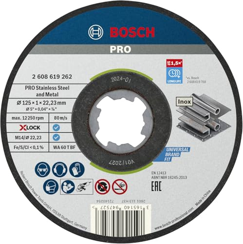 Bosch Professional 10 Stück gerade Trennscheibe Standard (für Inox, X-LOCK, Ø125 mm, BohrungsØ: 22,23 mm, Dicke:1 mm), Ø 125 mm