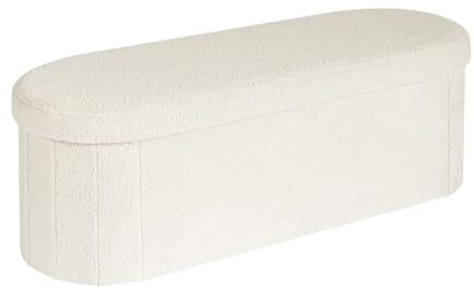 PINPLUS Sitzbank mit Stauraum, Ovales Design, 110x38x38cm, Cremeweiß | Weicher Boucle-Stoff, Klappbar, Großes Staufach, Fußbank, Bettbank, Aufbewahrungsbox, für Flur/Wohnzimmer/Schlafzimmer