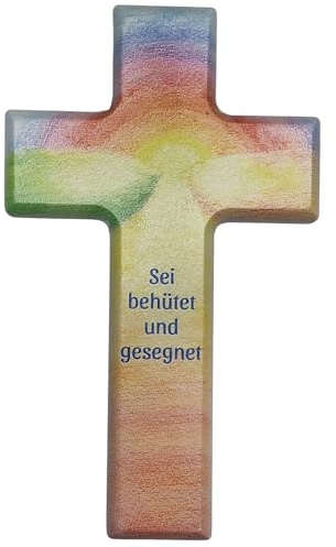 Herzmensch Kleines Kinderkreuz aus Holz Regenbogen mit Spruch Sei behütet und gesegnet 9 x 15 x 1,3 cm von der Künlerin B. Höcker - zum Aufhängen als Wandkreuz
