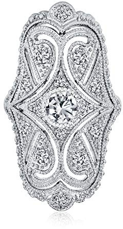 Art Deco Antik Boho Vintage Stil Schwarz Weiß Blau Grün Filigran Pflaster CZ Breites Herz Lange Vollfinger Mode Statement Ring Zirkonia Für Frauen Rhodium Versilbert Messing