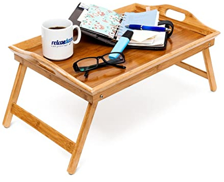 Relaxdays Betttablett Bambus H x B x T: ca. 25 x 52 x 33 cm Betttisch als Frühstückstablett oder Beistelltisch Serviertablett mit Tragegriffen Tabletttisch klappbar und pflegeleicht Tablett, Natur