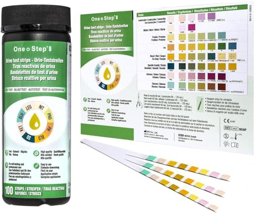 100 x One+Step Urin Teststreifen für 8 Parameter I Mit Farbkarte für genaues hygienisches Ablesen I Glukose, Keton, spez. Dichte, Blut, pH, Protein, Nitrit, Leukozyten
