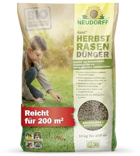 Neudorff Azet HerbstRasenDünger - Organischer Bio-Dünger für 200 m² stärkt die Frosthärte und sorgt für einen dichten, kräftigen Rasen im Frühjahr, 10 kg