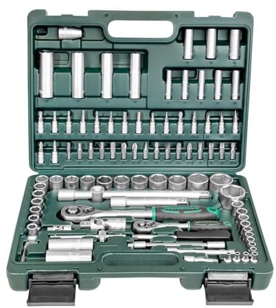 Brüder Mannesmann Steckschlüsselsatz, 94-teilig - Werkzeugkoffer mit Ratschen, Schraubendreher, Verlängerungsstücken, Stecknüssen & Bits - mit 12,5mm (1/2”)- und 6,3mm (1/4”)-Antrieb | M98410