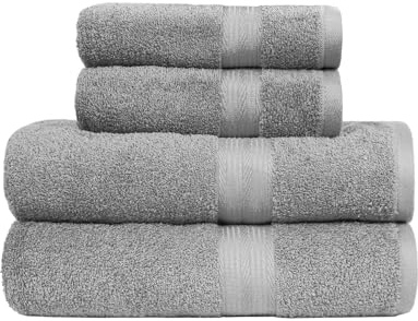 Amazon Basics Handtücher Set 4-teilig, 100% Baumwolle Ausbleichbeständig Weich, 2 Badetücher + 2 Handtücher, Grau