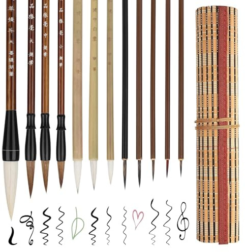 EEEKit Chinesische Kalligraphie Pinsel, Mischgröße Japanische Kanji Sumi Pinsel für Anfänger, 12 Stück mit Pinseltasche