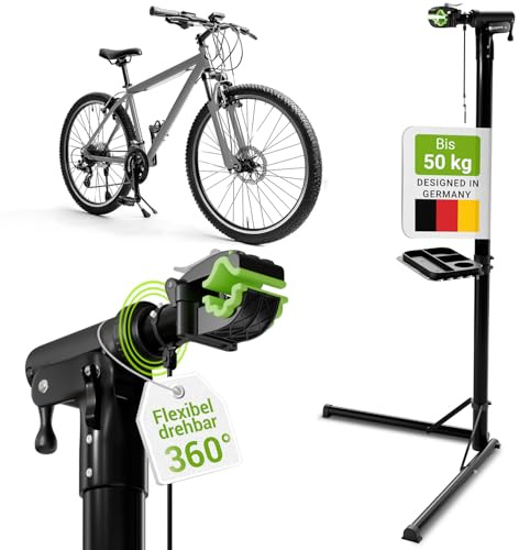 Juskys Fahrrad Reparaturständer, bis 50 kg für E-Bike, klappbar & höhenverstellbar, Klemmkopf 360° drehbar, Gummibeschichtung & Werkzeugablage, Schwerlast Fahrradständer für 24 bis 29 Zoll Fährräder
