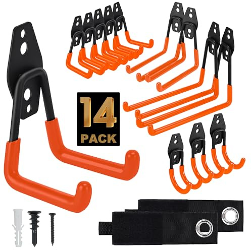 TECHSHARE Wandhaken Garage, 14 Stück Garagenhaken Wandhaken, 4 Verschiedene Größen, Schwerlasthaken für Gartengeräte, Werkstatt, Leiter, Garagenorganisation(Orange)