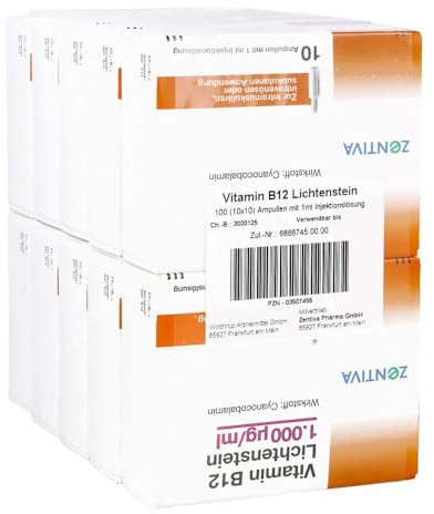 Vitamin B12 1.000 μg Lichtenstein Ampullen 100 Stück – bei Vitamin-B12-Mangel, Cyanocobalamin Injektionslösung, unterstützt Blutbildung, Nervengesundheit, Immunsystem