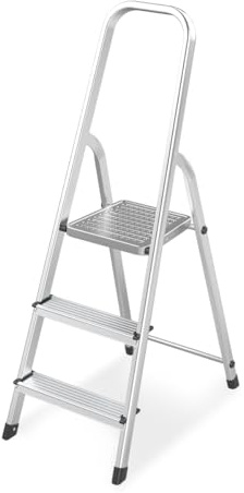 Amig – Klappleiter mit 3 Stufen – Aus Aluminium – Maße der kleinen Stufe: 28 x 8 cm – Maße der großen Stufe: 25 x 25 x 28 cm – Für den Hausgebrauch – Maximale Belastung: 150 kg