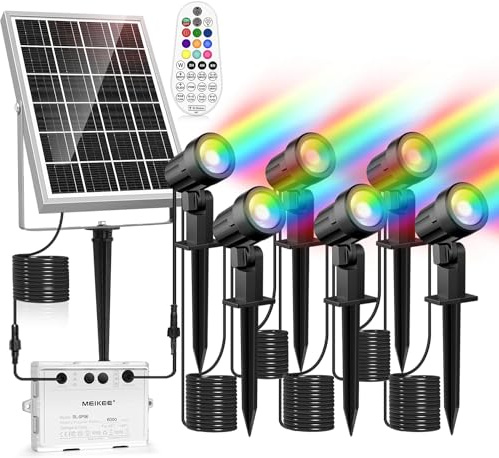 MEIKEE Solarlampen RGB+Weiß Gartenbeleuchtung Bunt Außen IP66 Wasserdicht | 10 Farbe 30 Zyklusmodi Auto ON/OFF Timer Gartenleuchte mit Fernbedienung Solarstrahler für Garten Pfad Bäume Balkon 6 Stück
