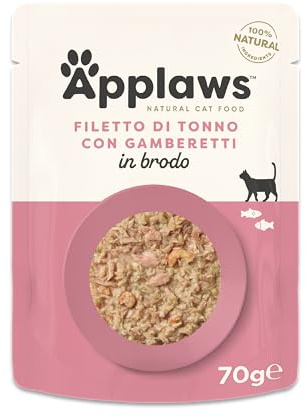 Applaws Premium Natural Katzenfutter Nass, Thunfischfilet mit pazifischer Garnele in Brühe 70g Portionsbeutel (12x70g )