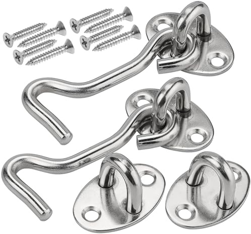 DKBT 3inch Sturmhaken mit öse Edelstahl 2 Stück Riegel Tür Sturmhaken,Kabinenhaken Groß,Fensterhaken Sturmhaken mit 8Stk Montage Schrauben für Garagentor Fenster Scheunentor Türschlösser(Silber)
