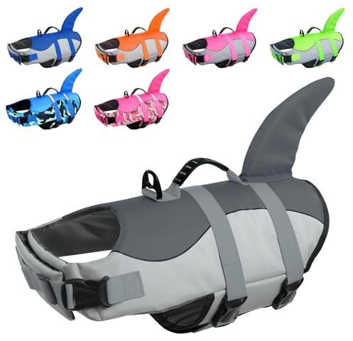 CITÉTOILE Schwimmweste Hund Hai, Hundeschwimmweste mit Griff, Grau, XS | Verstellbar Rettungsweste mit Reflektoren, Dog Life Jacket für Kleine Mittel Große Hunde zum Schwimmen, Bootfahren, Surfen