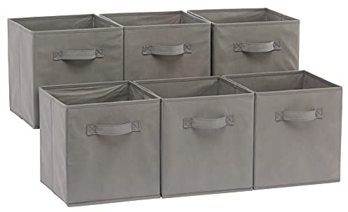 Amazon Basics Zusammenklappbarer Aufbewahrungswürfel/Organizer aus Stoff mit Griffen, 6 Stück, Einfarbig Grau, 26,6 x 26,6 x 27,9 cm