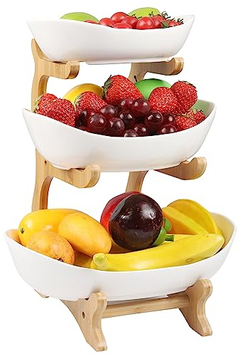 Fruchtkuchen Stehen, Mehrstöckiger Keramik-Obstkübel Küche Ablagekorb Arbeitsplatte Dekoschalen 3 Stöckig Obstschale Obstkorb Etagere mit Hölzernen Ständern für Küchendekoration Gemüse Obst Snacks