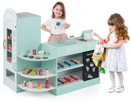 COSTWAY Kinder Kaufladen, Kaufmannsladen aus Holz mit Seitentheke, Supermarkt-Set mit Kasse, POS-Maschine, Verkaufsautomat & Kreidetafel, Einkaufsladen Verkaufsstand für Kinder ab 3 Jahren (Minzgrün)