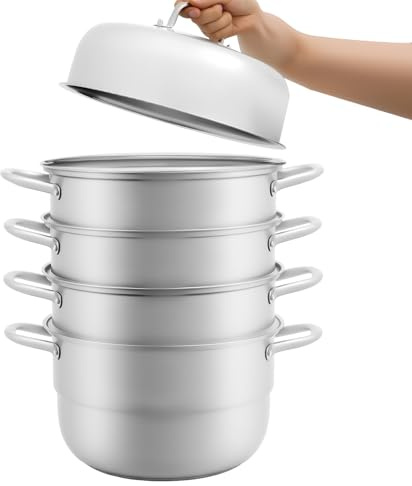 32cm Dampfgarer | Fünf Etagen Dampfkocher | Edelstahl Biodampfkocer mit Glasabdeckung | Dampftopf Induktion für alle Herdarten, Couscous Topf, Kochtopf für Gardampftopf